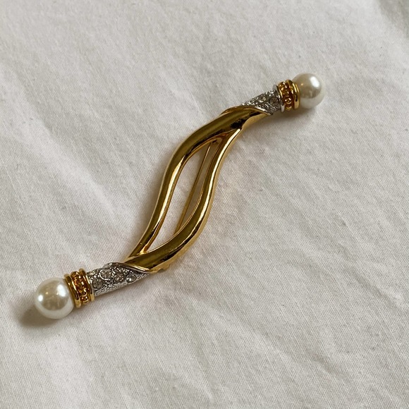 VTG Gold Pearl CZ Diamond Wavy Brooch Pin - Picture 6 of 8